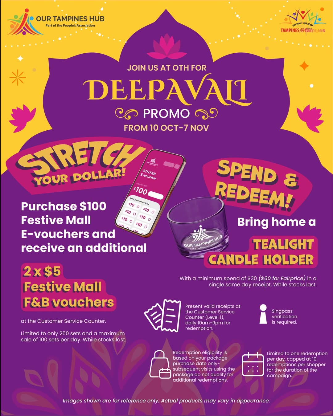 Deepavali Promo at Our Tampines Hub: Spend $100, Get E-Vouchers and F&B Vouchers