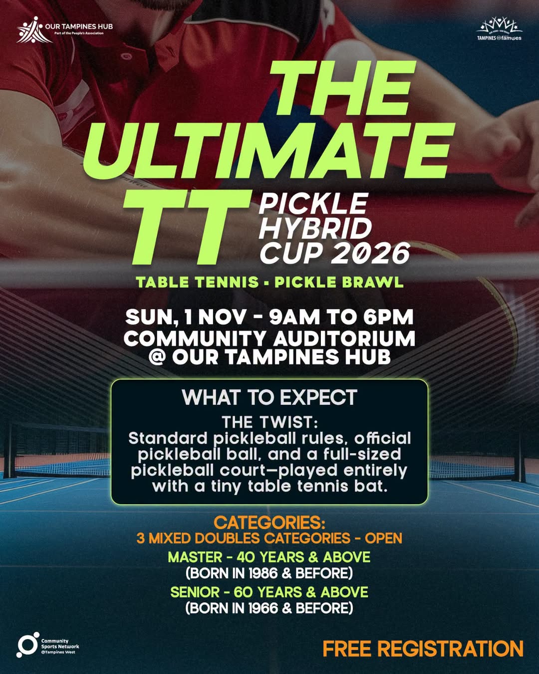 Free Pickleball-Table Tennis Hybrid Cup 2026 at Our Tampines Hub