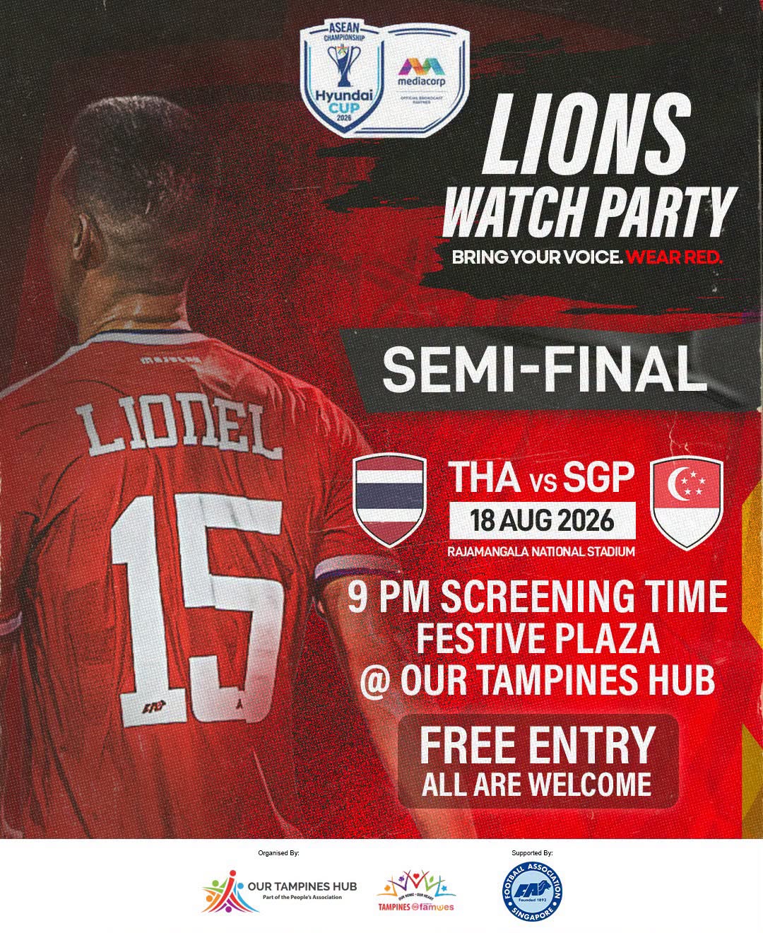 Free Lions Watch Party: Singapore vs Thailand Semi-Final at Our Tampines Hub