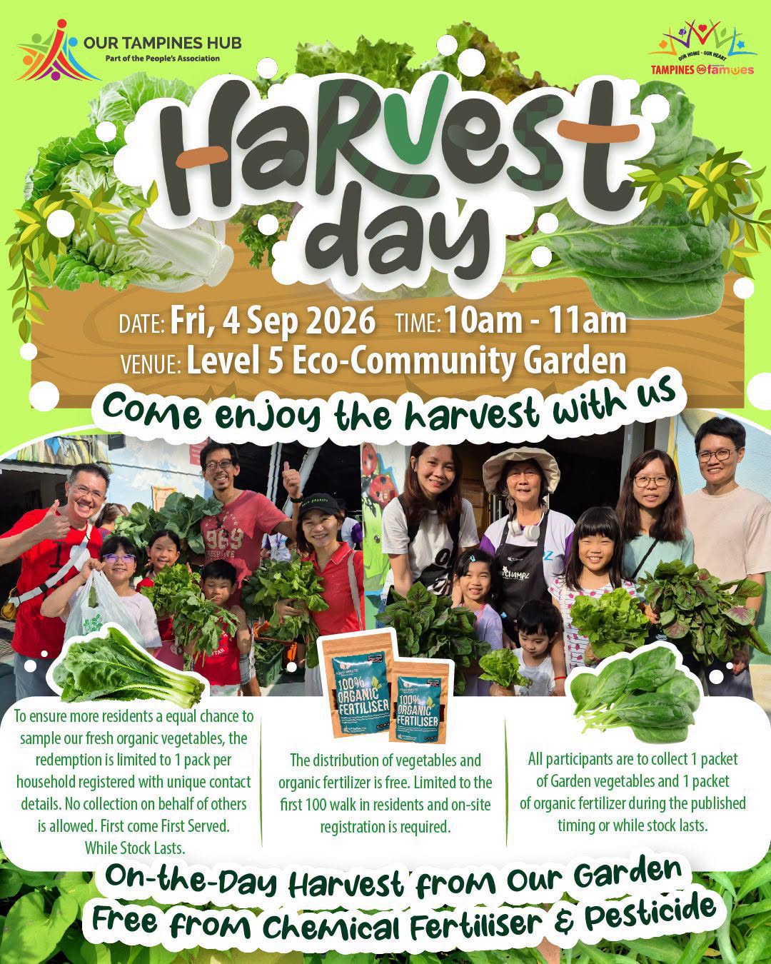 Free Organic Vegetables and Fertiliser at Our Tampines Hub on 4 September 2026