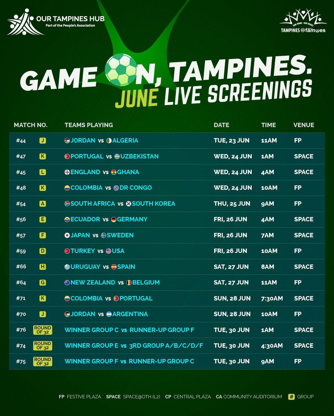 FIFA World Cup 2026 screening schedule at Our Tampines Hub