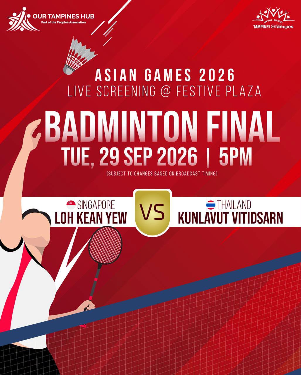 Asian Games 2026 badminton final live screening at Our Tampines Hub