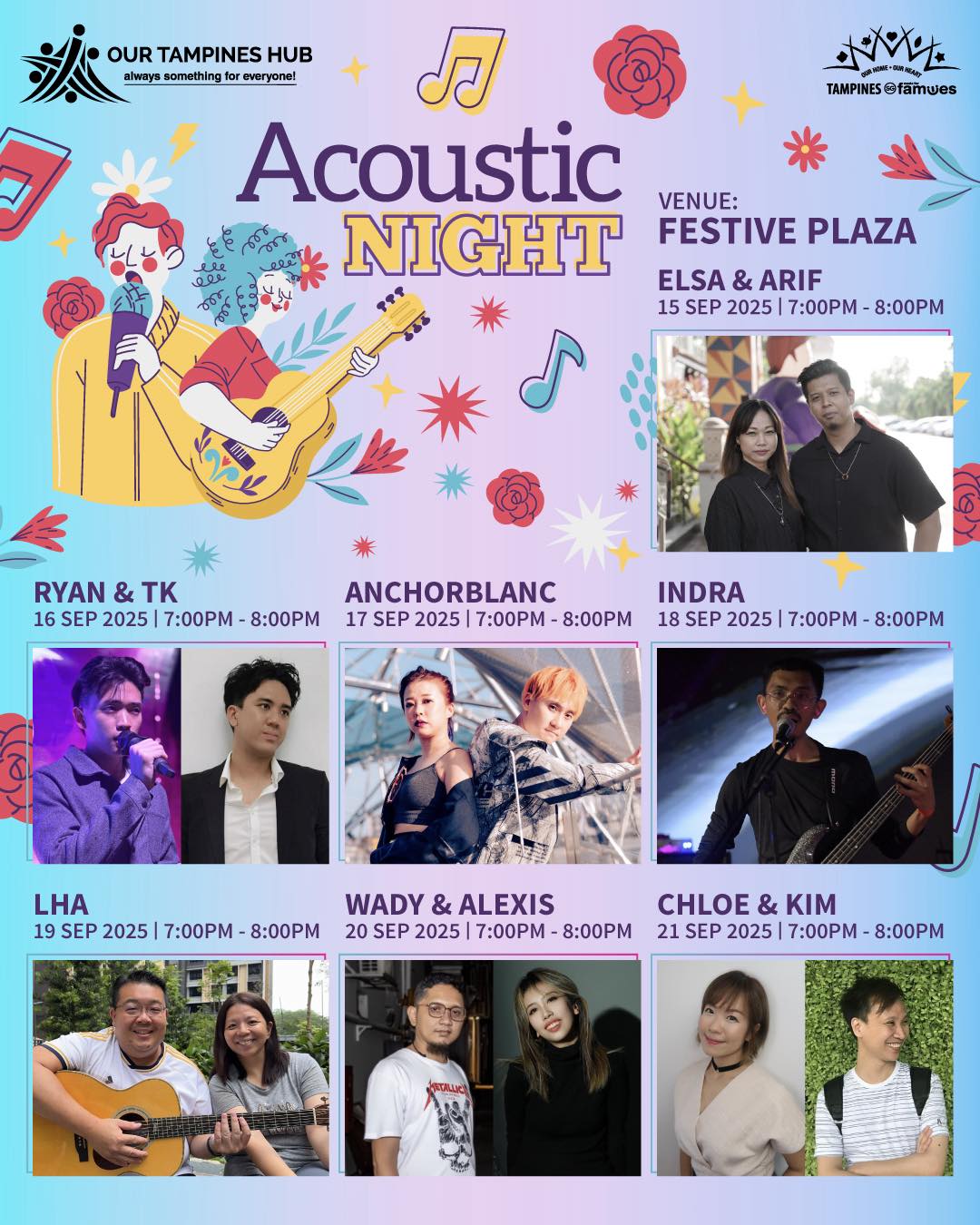 Local artists performing acoustic music at Our Tampines Hub Festive Plaza