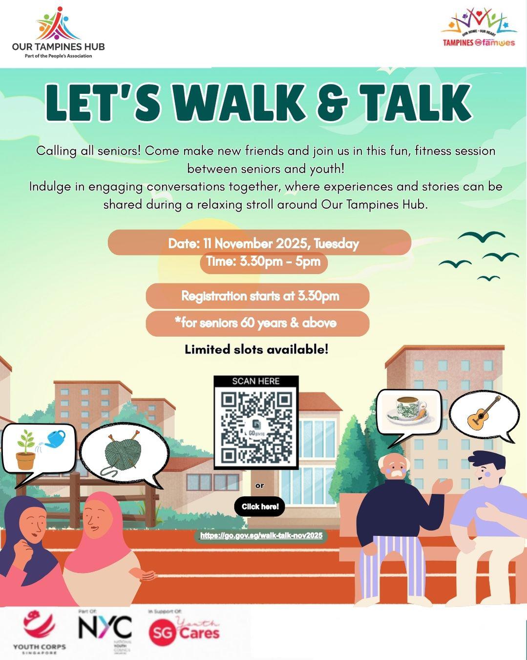 Seniors and youth volunteers engaging in a walk and conversation