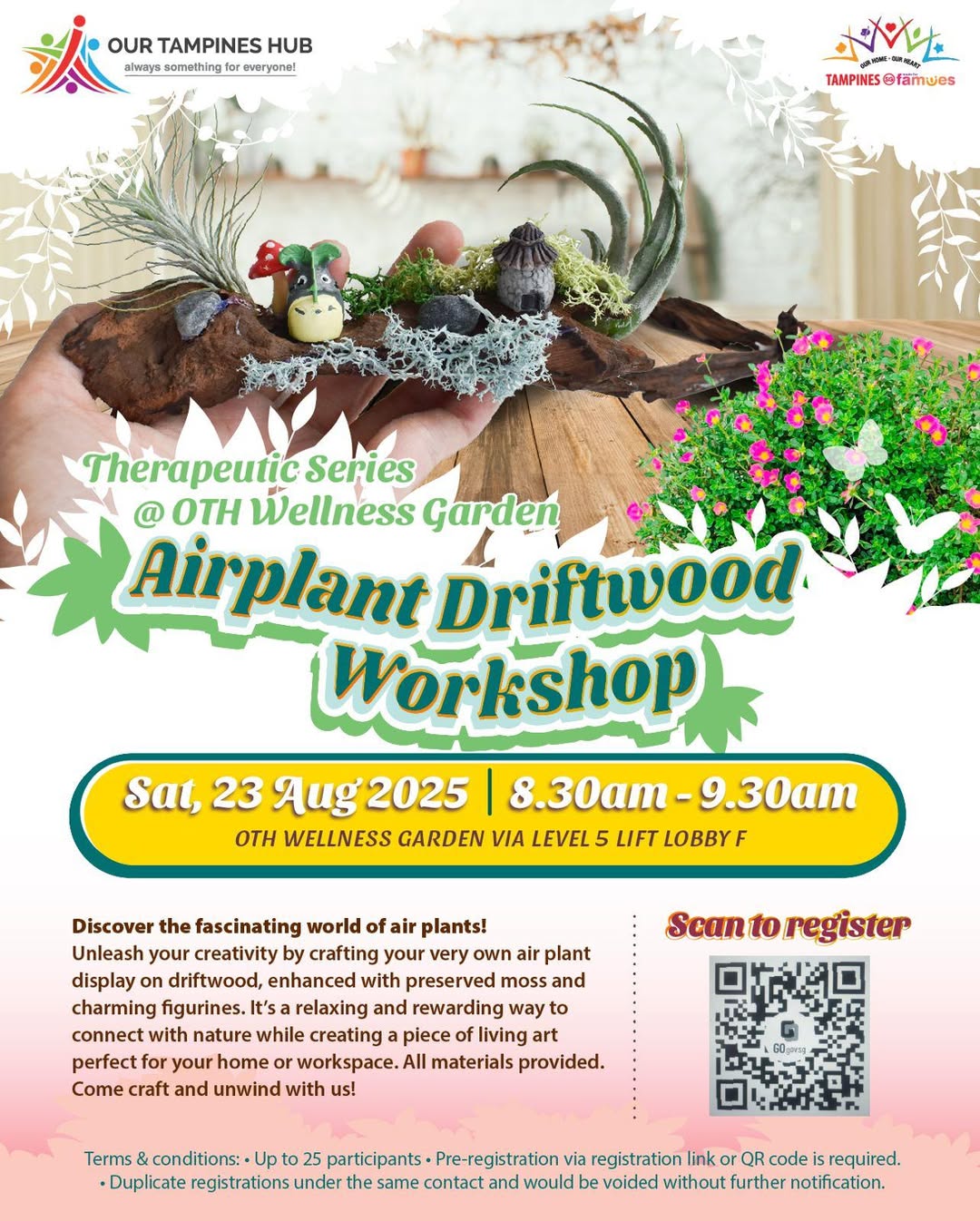 An artistic air plant driftwood display featuring vibrant air plants, natural driftwood, preserved moss, and charming decorative figurines.