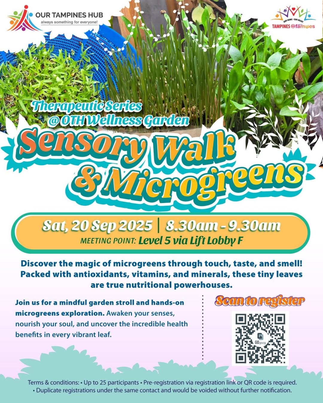 A vibrant display of various microgreens and garden elements, hinting at a sensory exploration event.