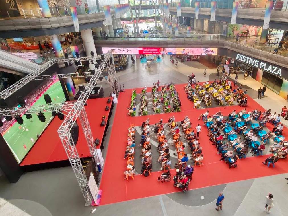 Festive Plaza sports event setup at Our Tampines Hub