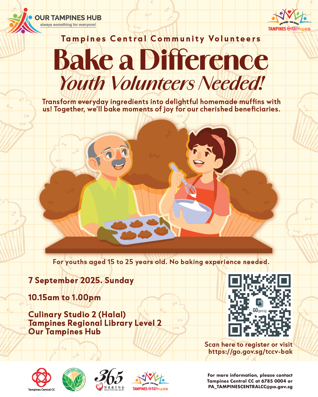 Young volunteers collaboratively baking muffins in a kitchen setting.