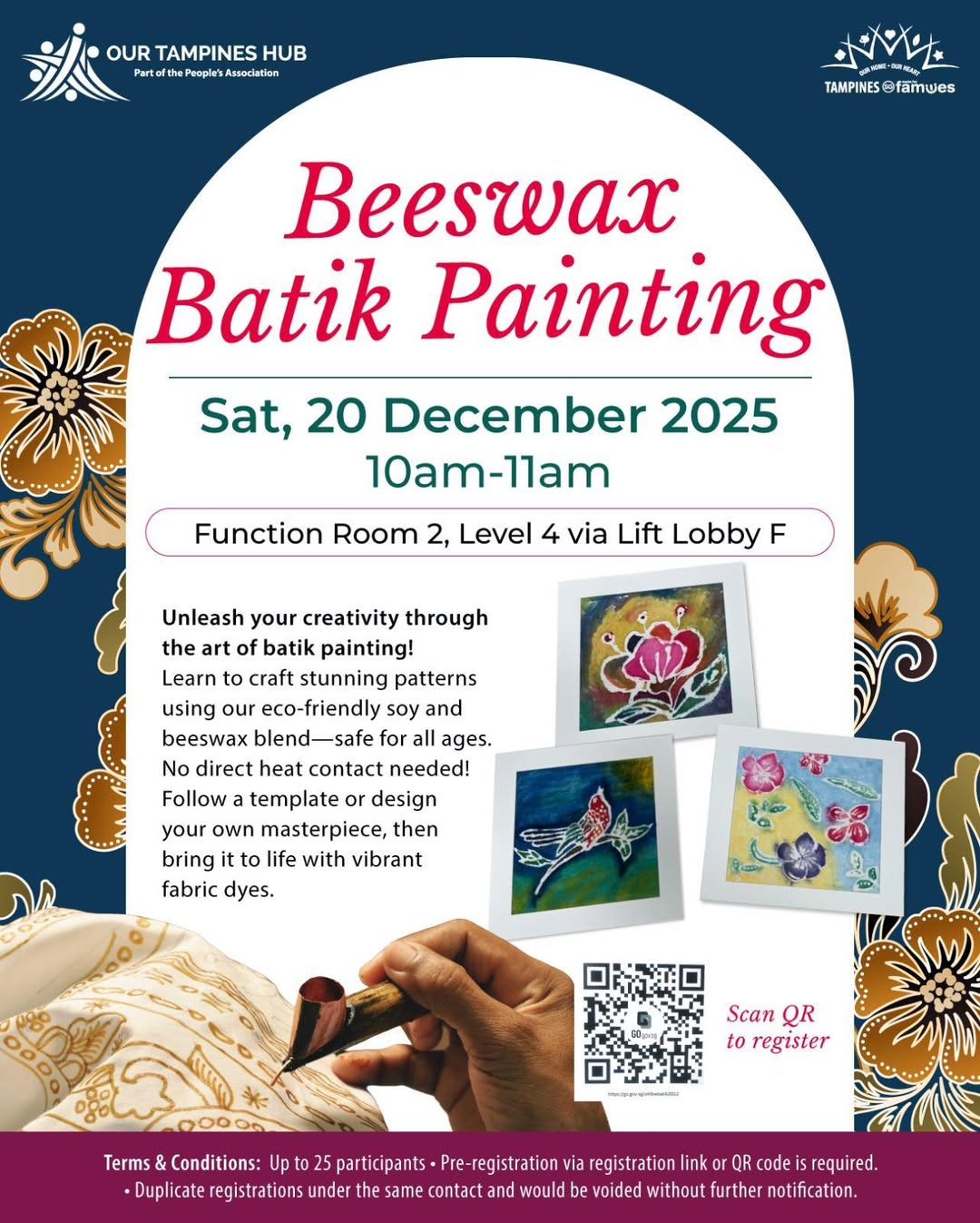 Hands applying wax and dyes to fabric for batik painting