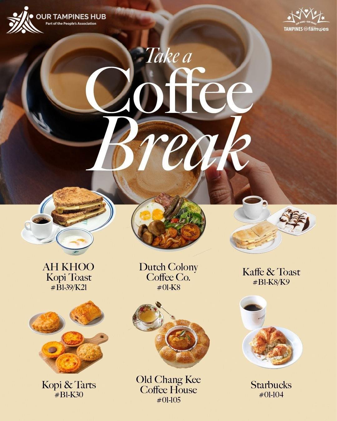 A freshly brewed cup of coffee and pastry at Our Tampines Hub