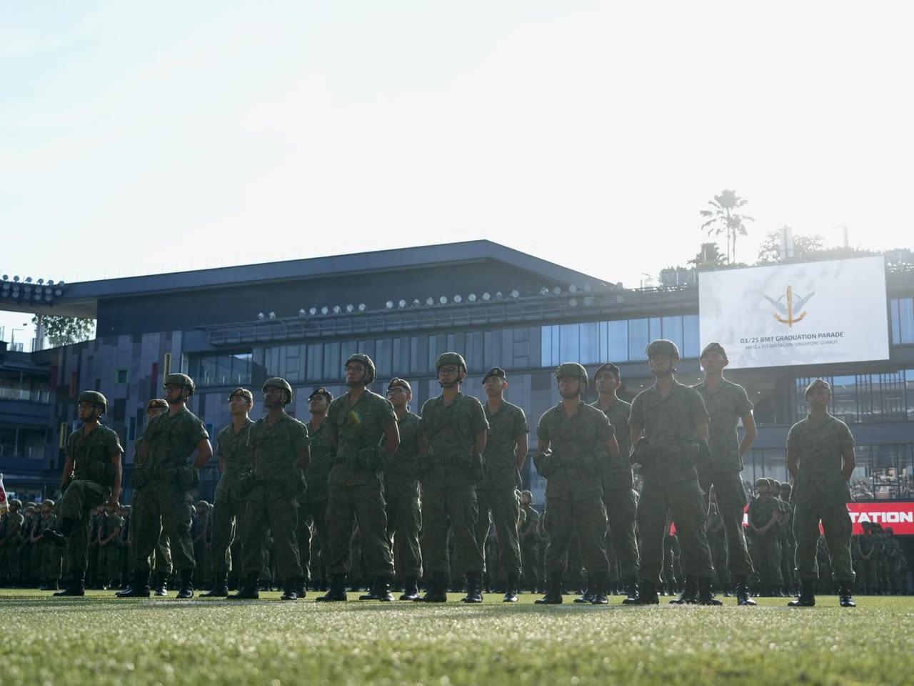 Recruits marching smartly in unison, showcasing their discipline.