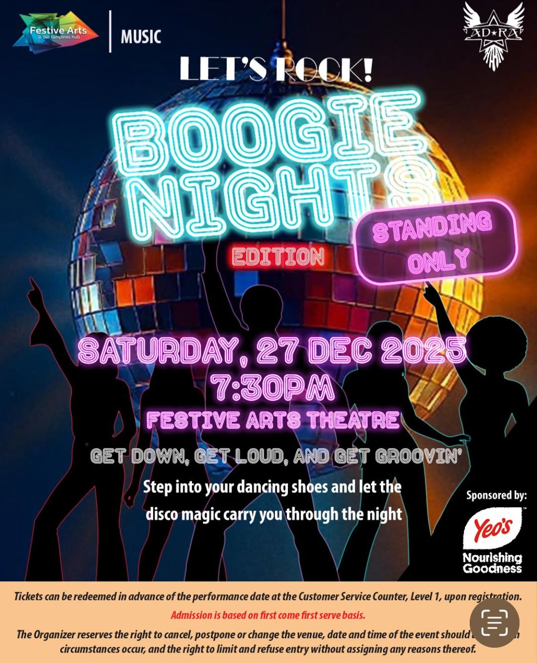 Attendees dancing under disco lights at Let's Rock: Boogie Nights Edition