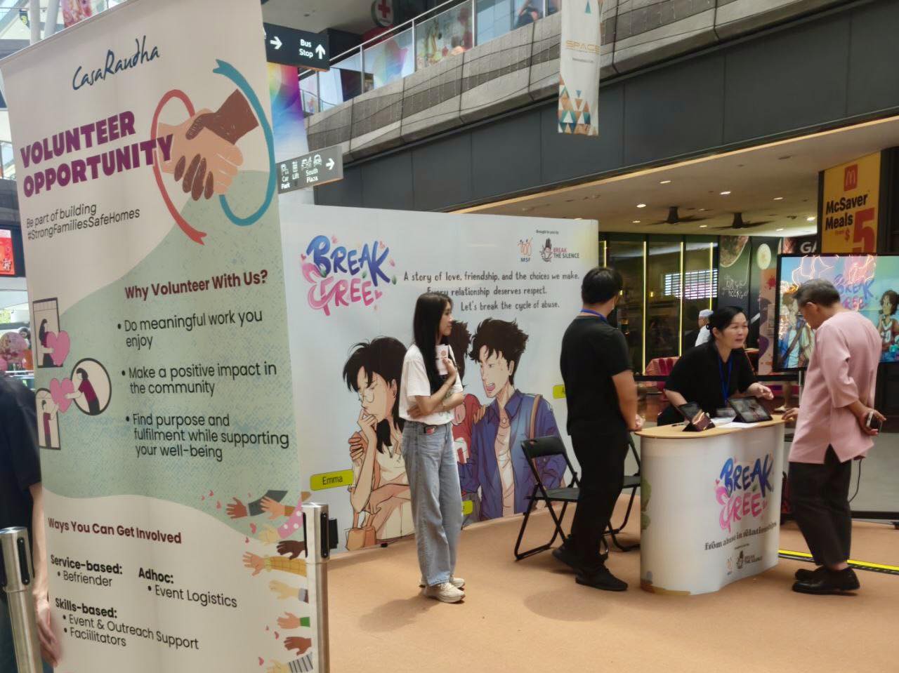 Educational displays focused on family safety and support systems.