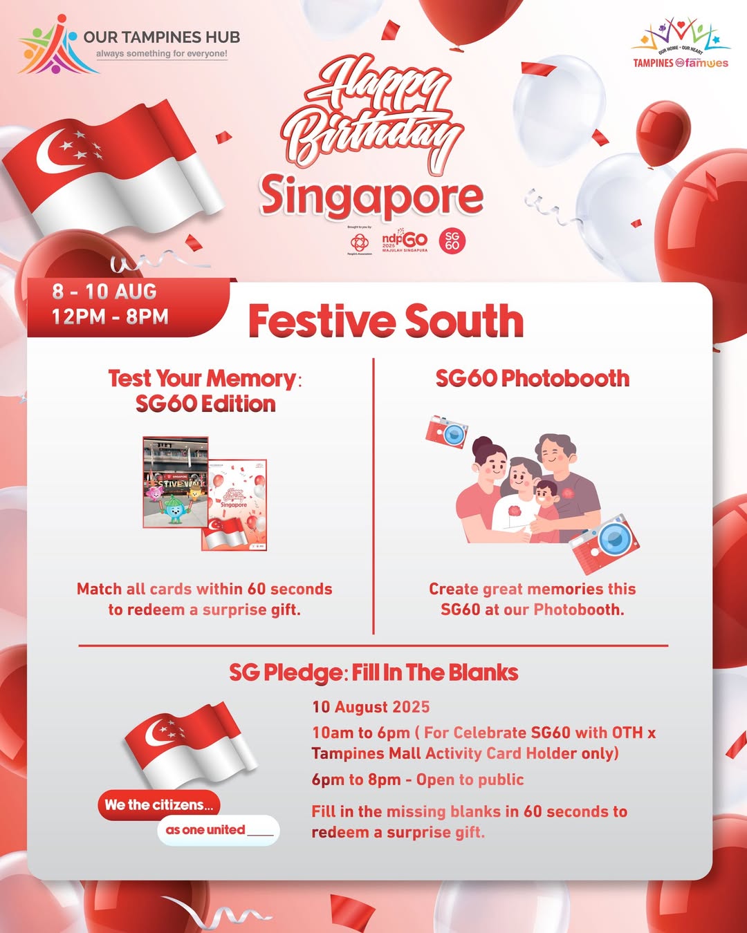 A lively scene at Our Tampines Hub, celebrating National Day with various activities.