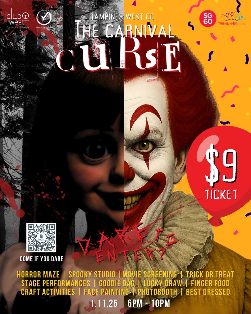 A promotional image for Tampines West Halloween: Chuckles & Chills, featuring spooky elements like dolls or clowns, hinting at a haunted carnival theme.