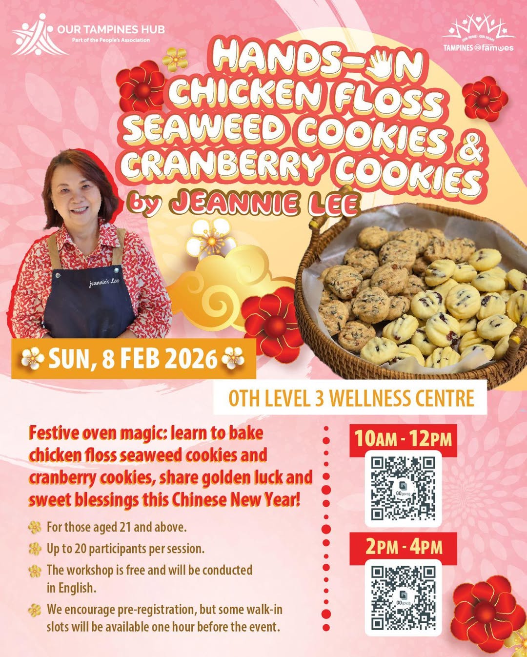 A festive assortment of golden Chinese New Year cookies including savory chicken floss and tangy cranberry varieties.