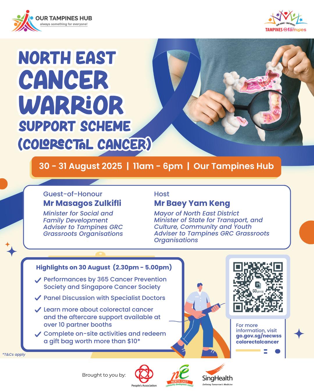 A community event poster promoting colorectal cancer awareness and support, featuring abstract shapes and encouraging health discussions.