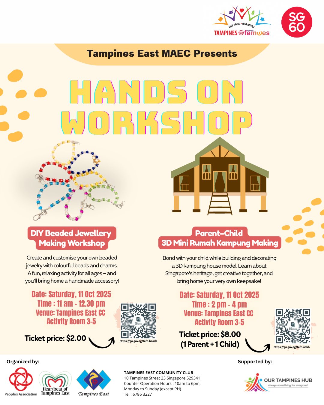 Promotional image for October crafting workshops, featuring examples of beaded jewelry and a miniature kampung house model.