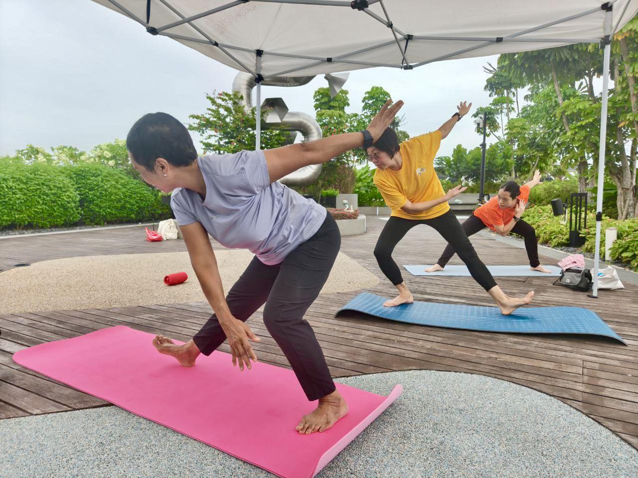 Attendees engaging in a dynamic yoga flow session outdoors