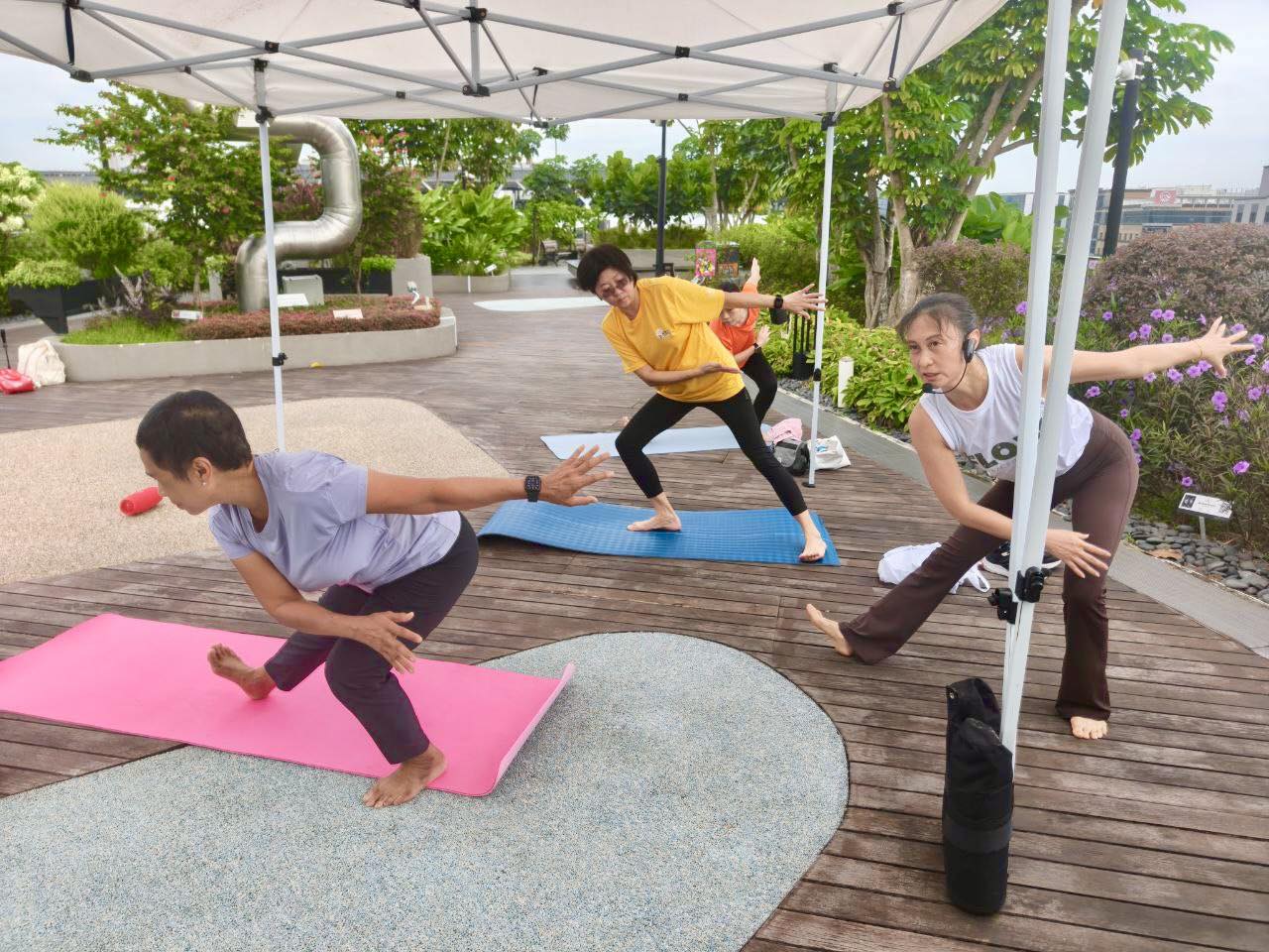 A group of individuals in various yoga poses, enjoying the morning light