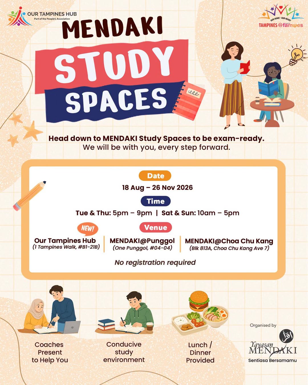 MENDAKI Study Spaces at Our Tampines Hub for N and O Level Students