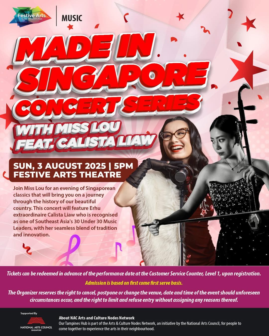 Miss Lou and Erhu virtuoso Calista Liaw performing Singaporean classics on stage.