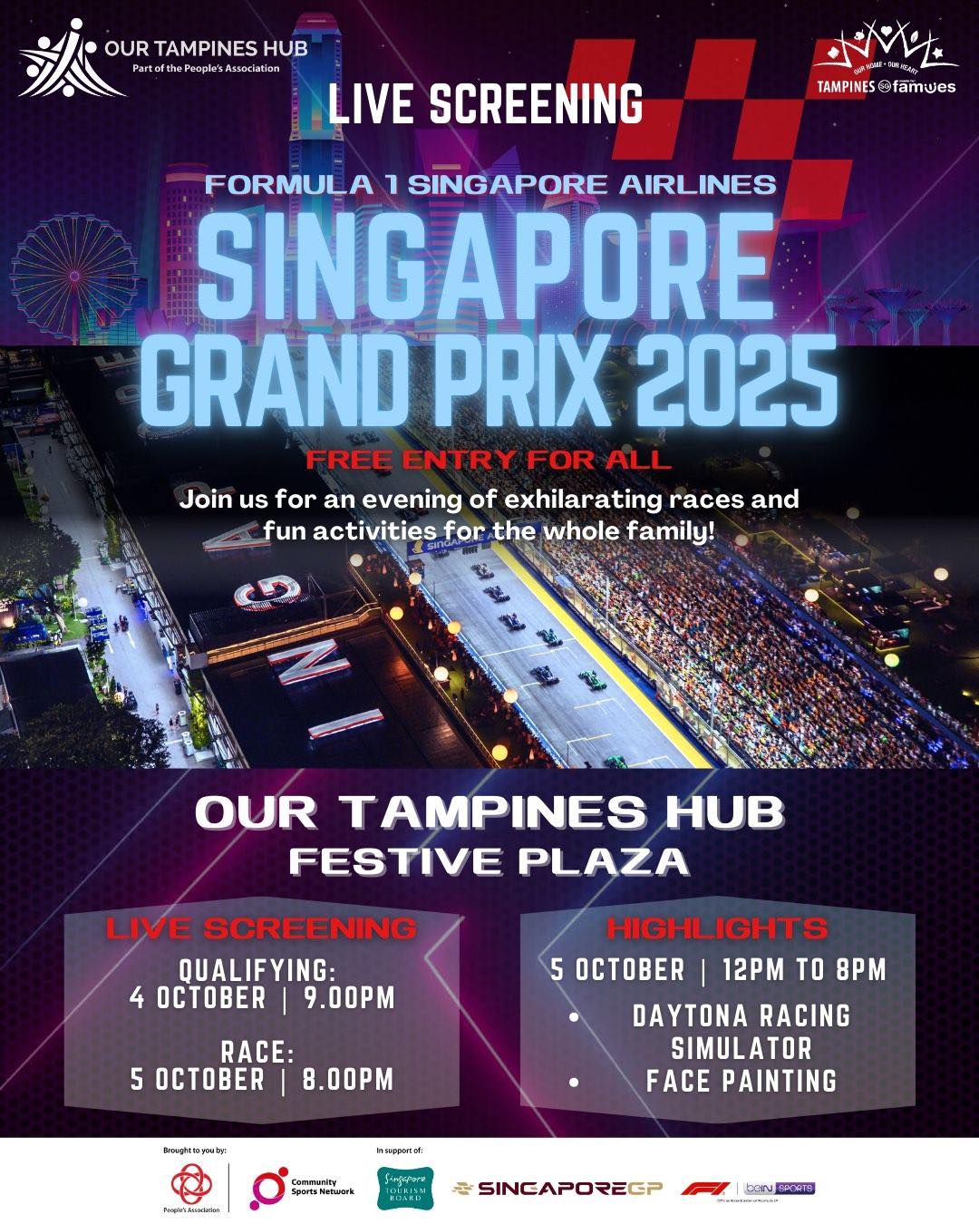 Crowd gathered to watch a Formula 1 race live screening at Our Tampines Hub.