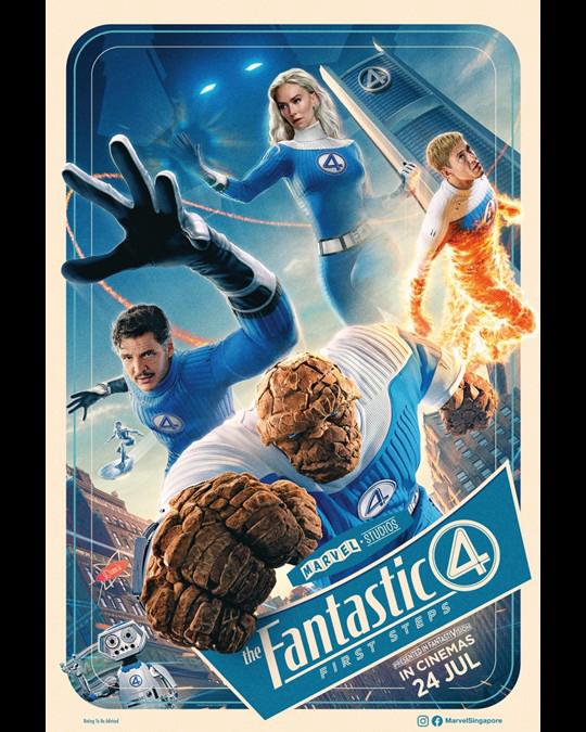 Promotional image for The Fantastic Four: First Steps movie, featuring the iconic Marvel superhero team.