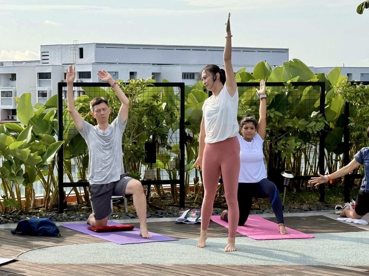 Group practicing yoga poses under natural light