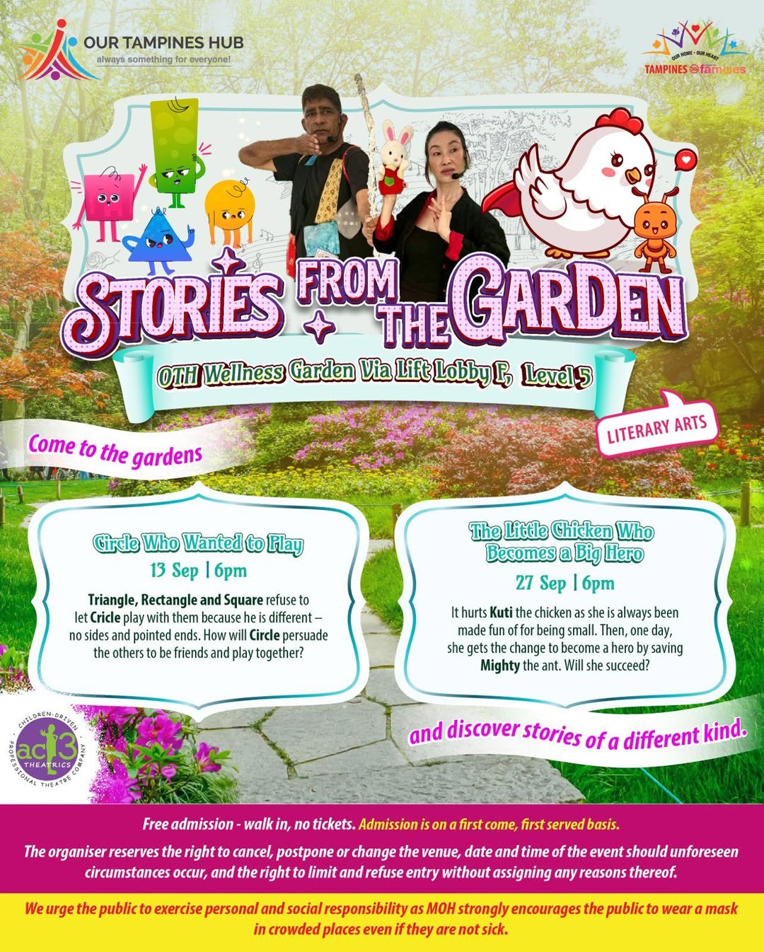 Children enjoying an outdoor storytelling session in a vibrant garden setting