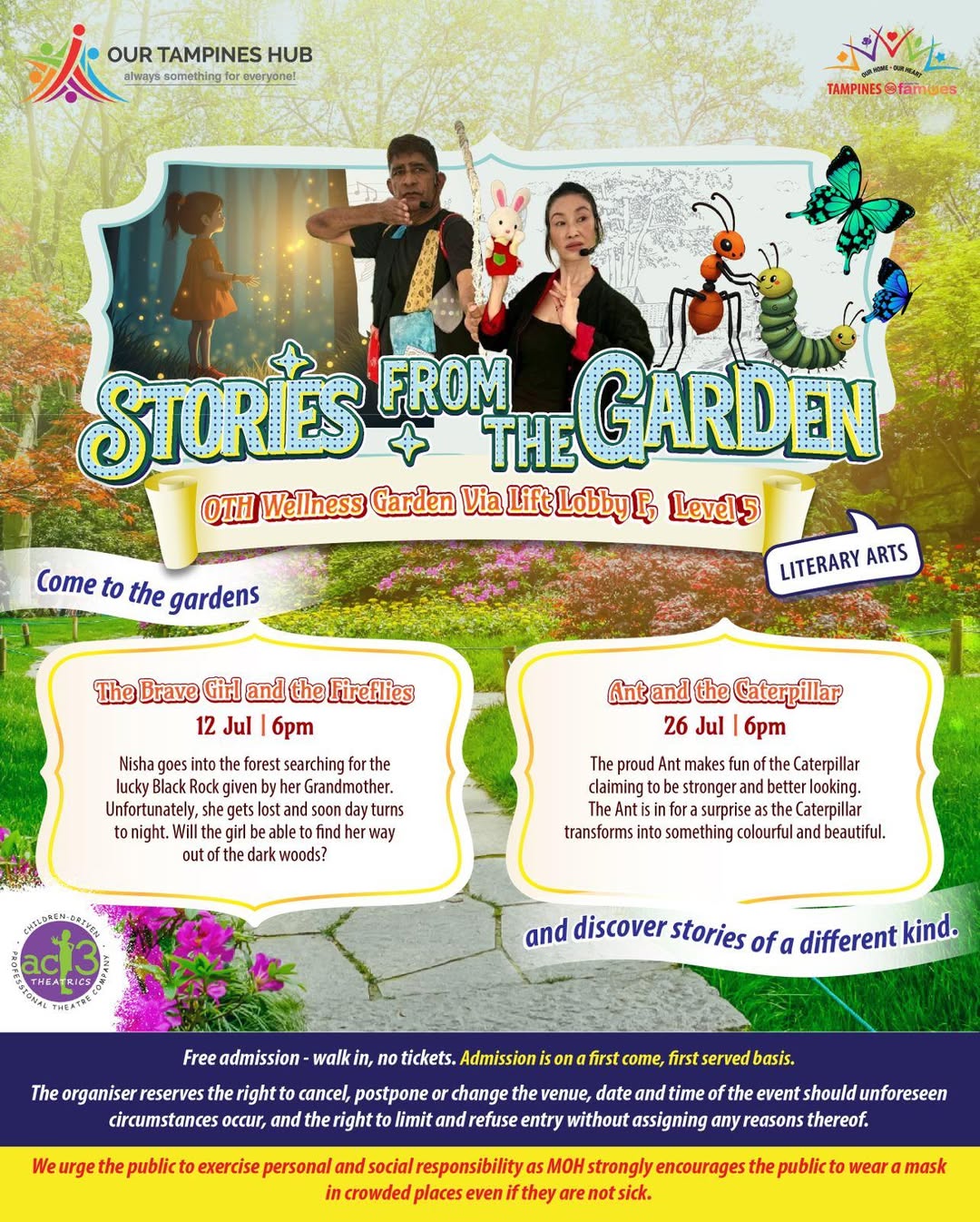 A magical evening scene in a garden with a girl and glowing fireflies, promoting the 'Stories from the Garden' event.