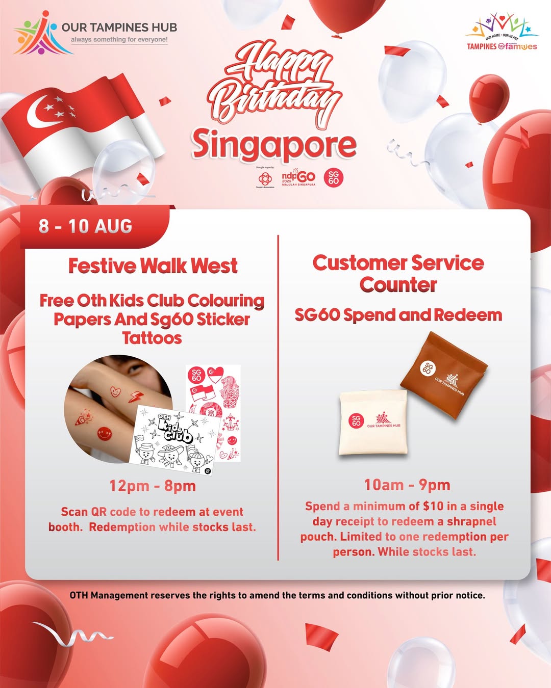 A vibrant celebration with SG60 decorations and happy participants at Our Tampines Hub.