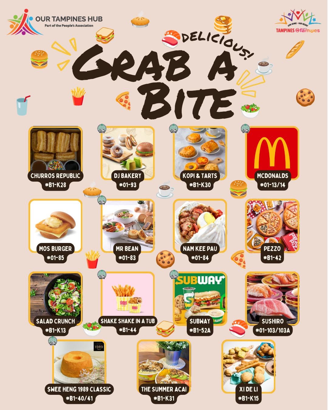 Grab A Bite food festival at Our Tampines Hub featuring 15 food vendors including Churros Republic, McDonalds, Sushiro, Subway, and more