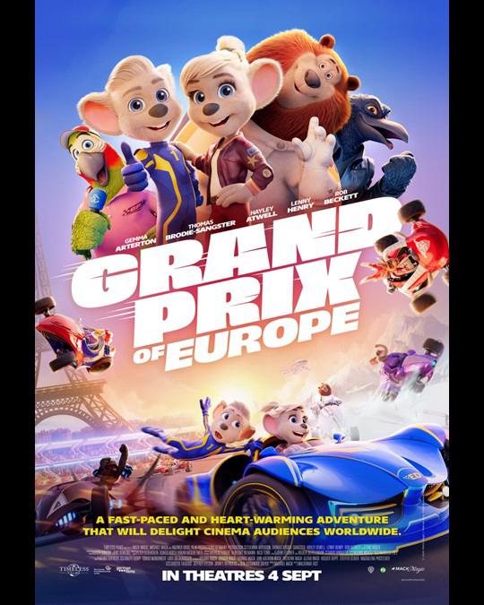 Promotional artwork for 'Grand Prix of Europe' featuring a race car and a mouse character.