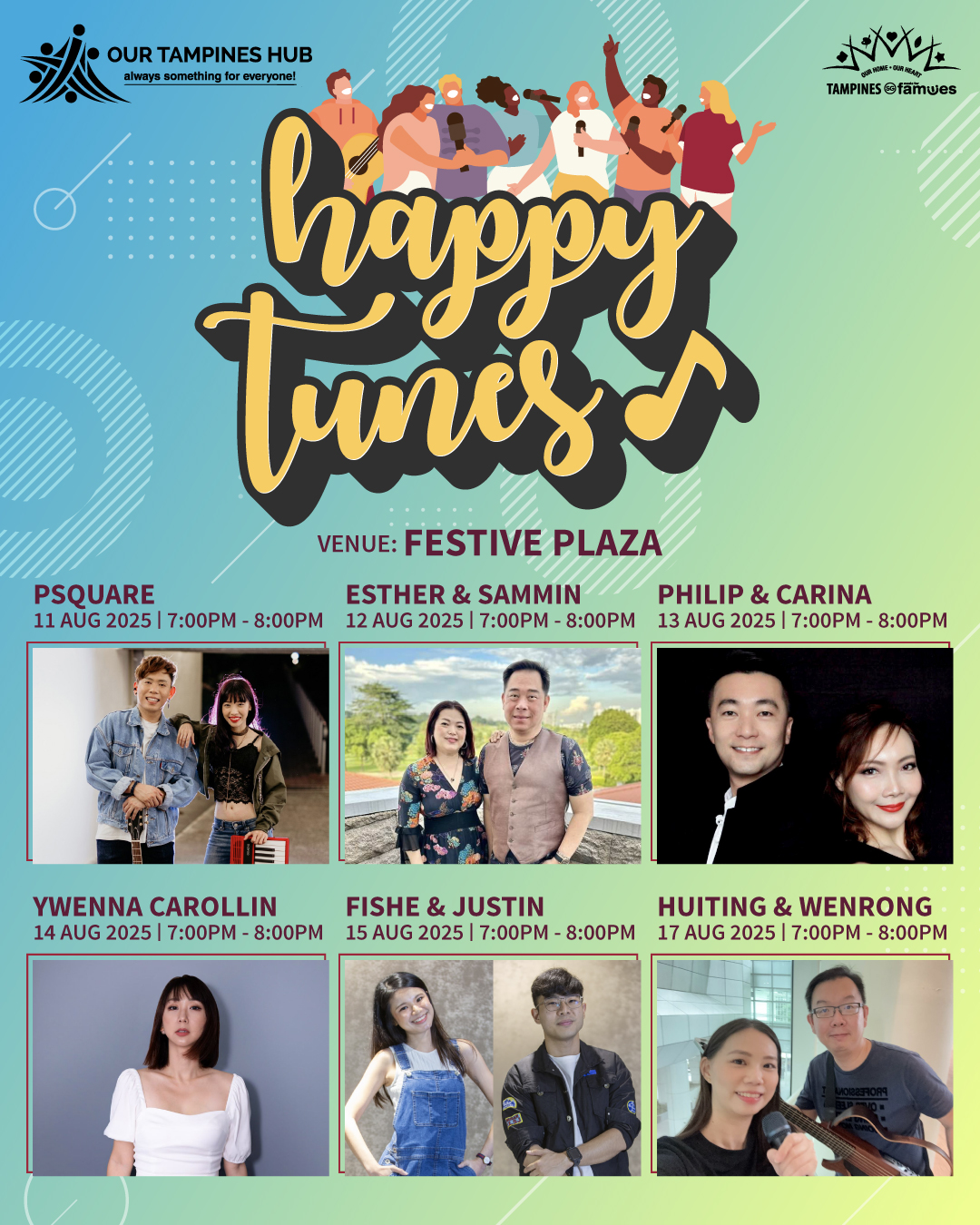 A vibrant live music concert scene at Festive Plaza, with a stage and audience enjoying the performance.