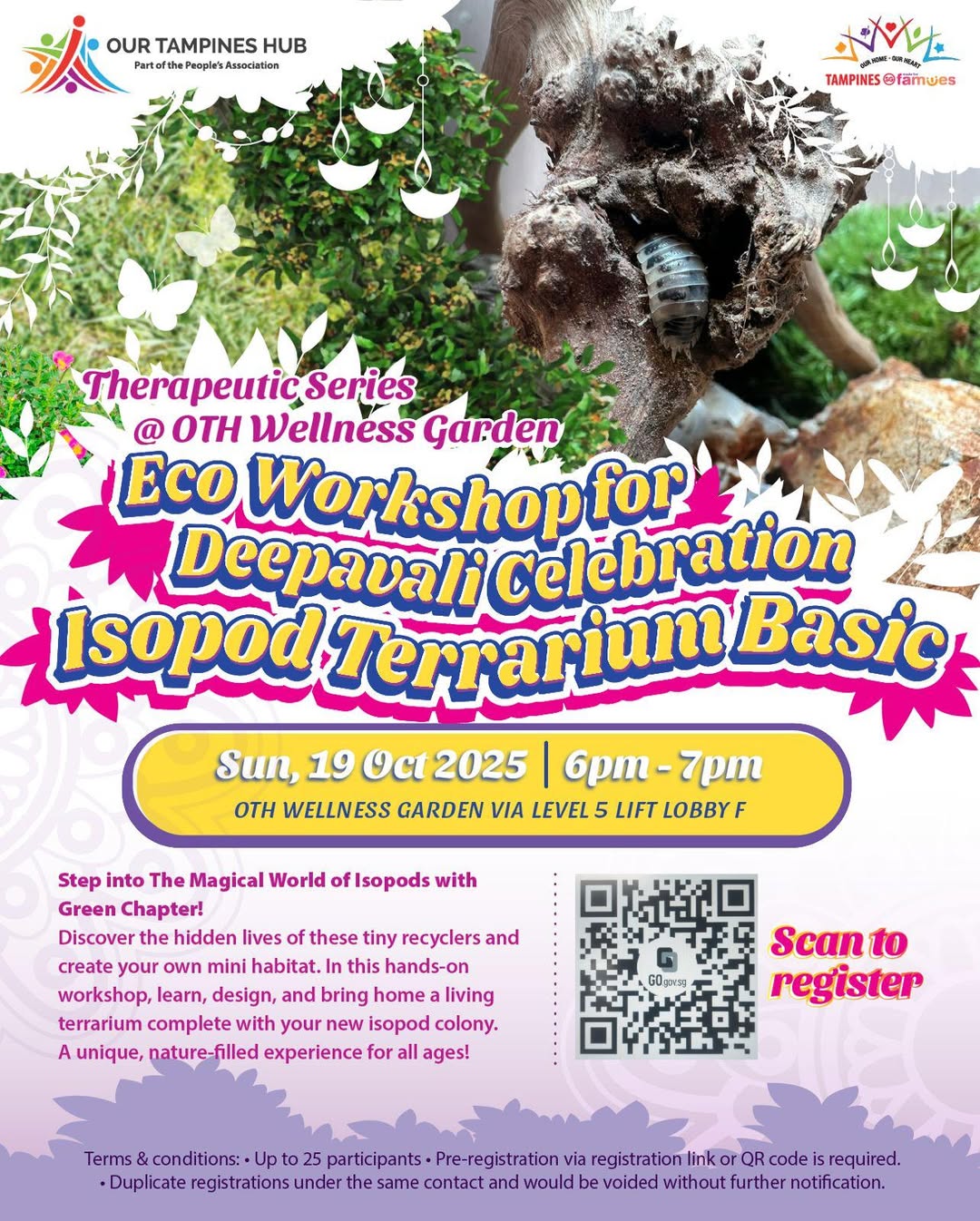 A vibrant terrarium showcasing various plants and small isopods amidst the substrate.