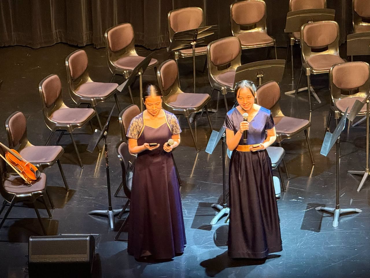 Two performers in matching purple gowns on stage with violin