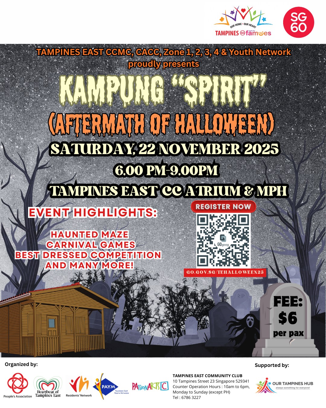 Promotional image for the Kampung Spirit post-Halloween event, featuring spooky yet festive elements.