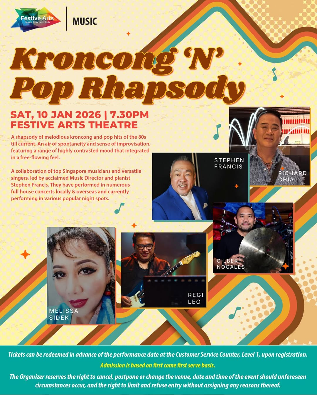 Musicians performing on stage, blending traditional Kroncong instruments with modern pop elements.