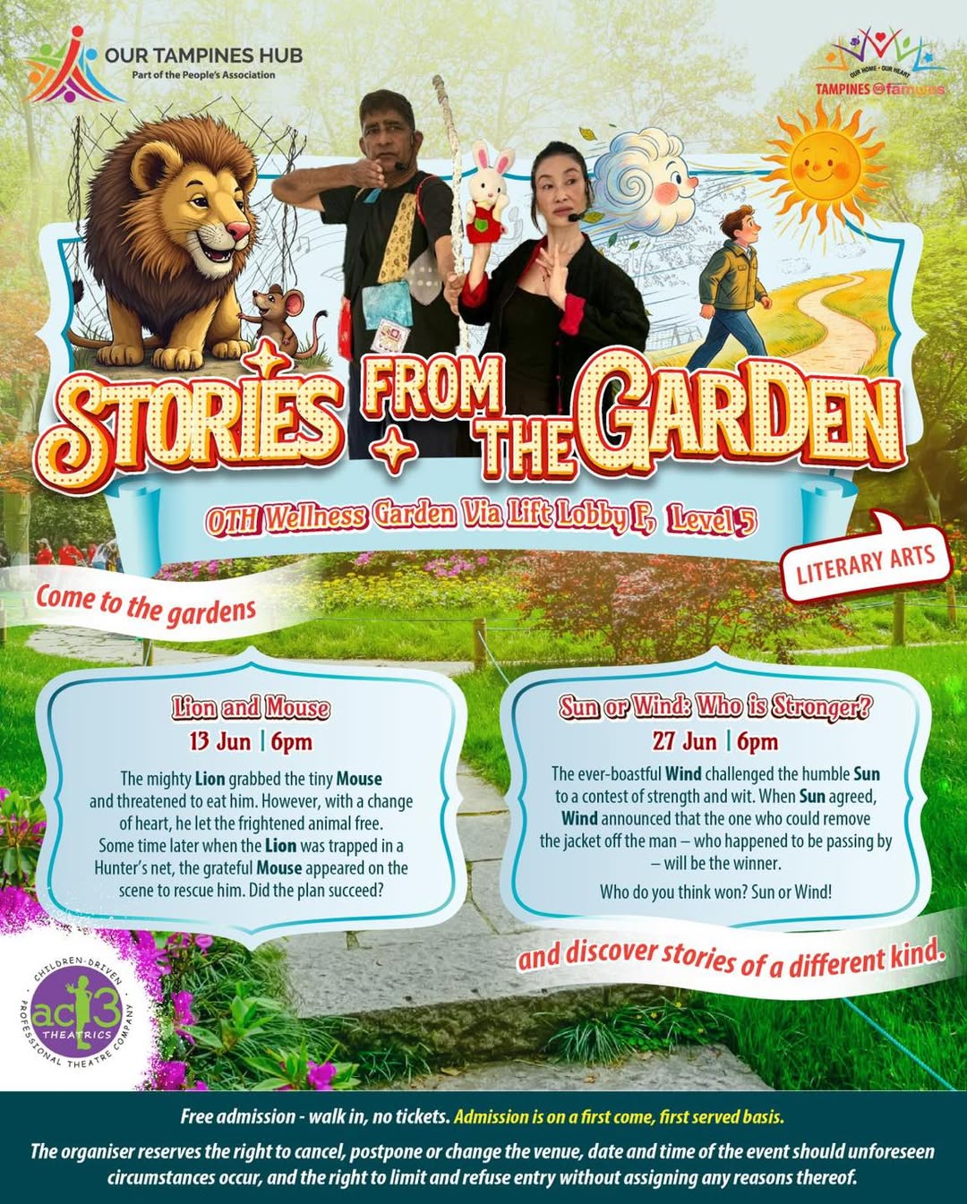 Stories From the Garden by ac3 Theatrics at OTH Wellness Garden featuring Lion and Mouse on 13 June and Sun or Wind on 27 June 2026