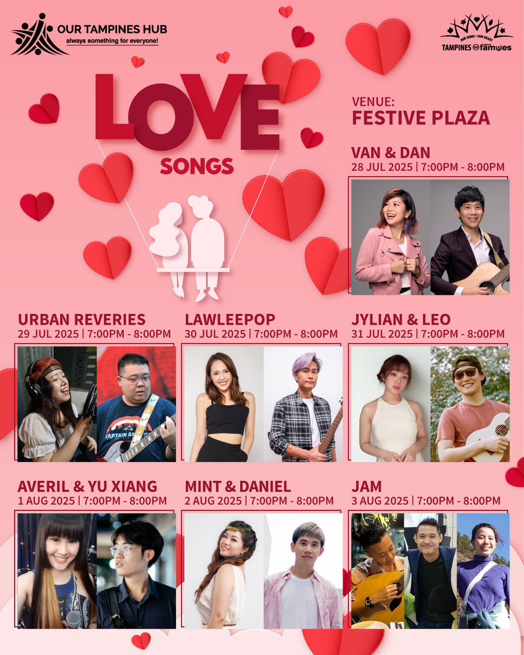 A lively stage at Festive Plaza, set for a live music concert.