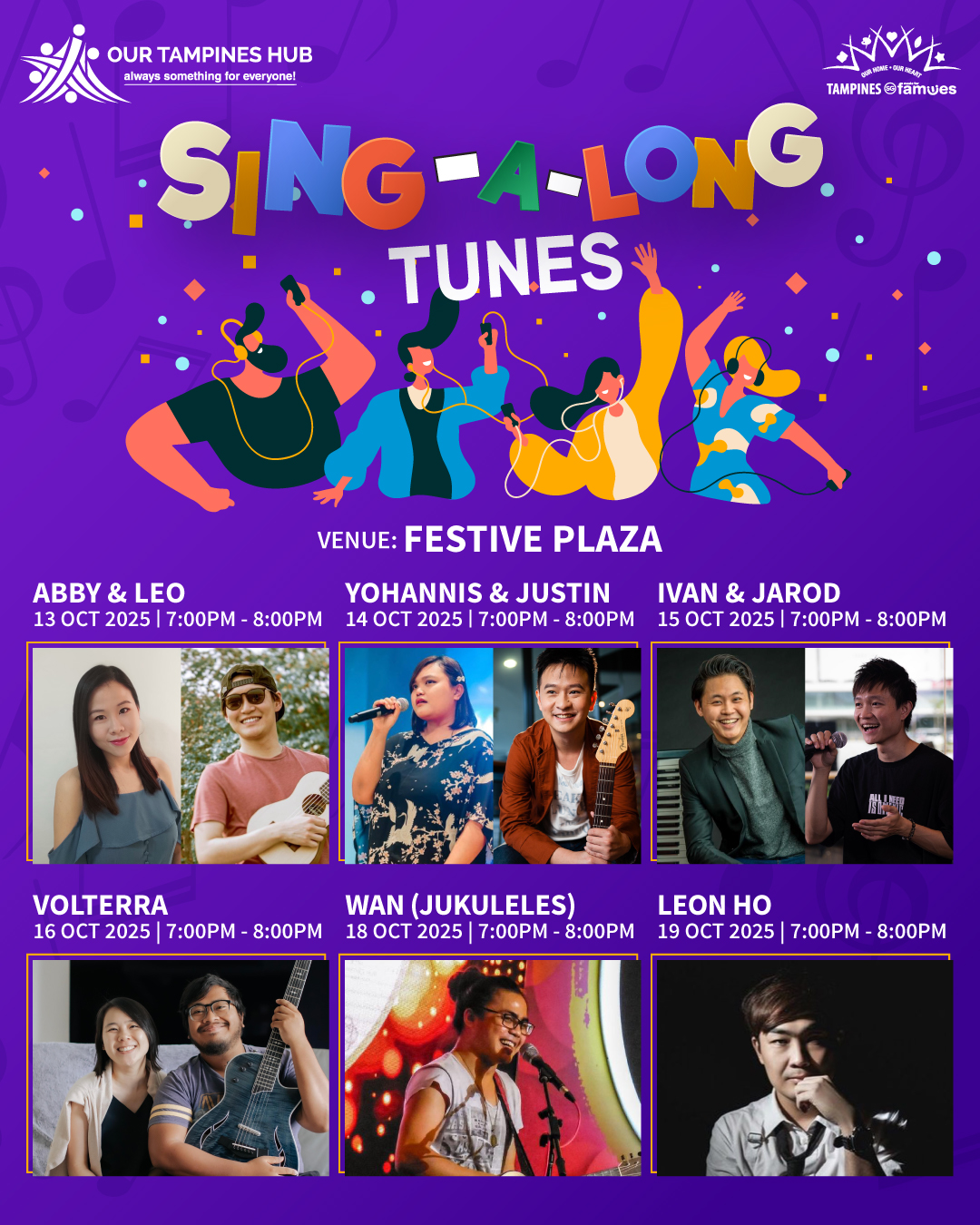 A lively scene of a music concert at Festive Plaza, Our Tampines Hub.