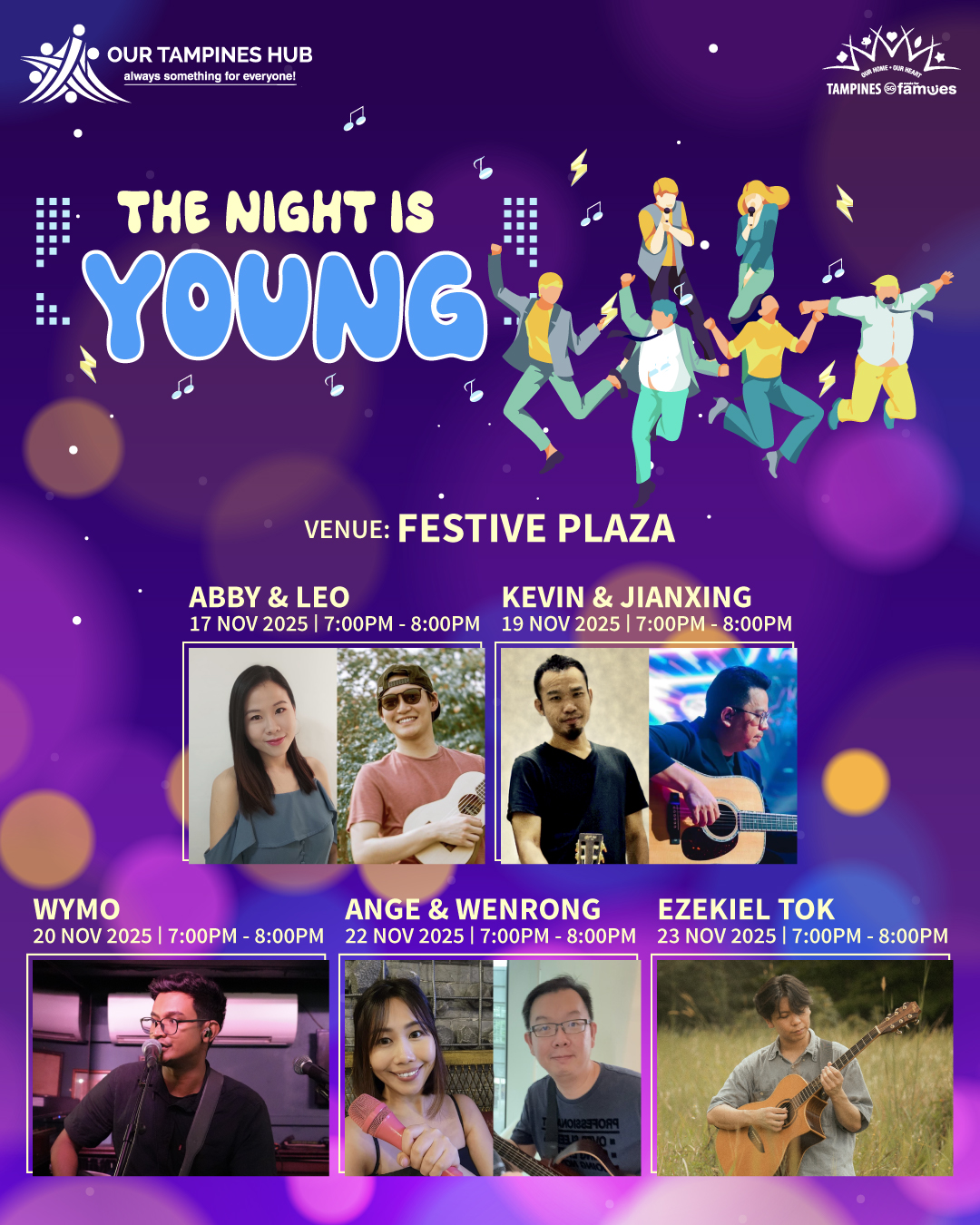 A vibrant live music concert stage at Festive Plaza, OTH, with performers on stage.