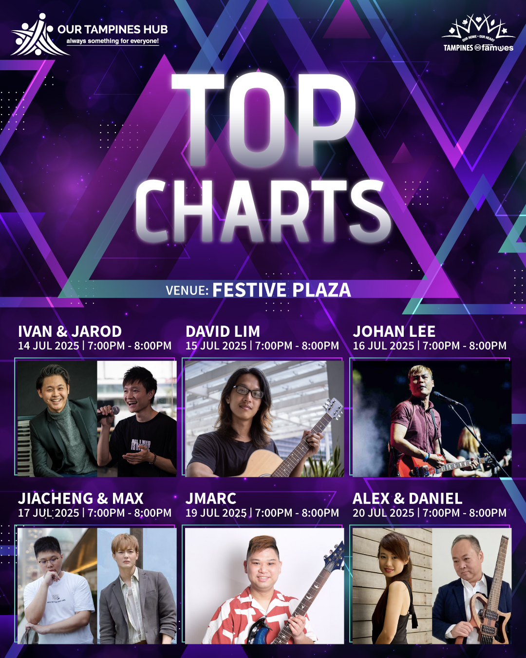 A local artist performing live on stage at Festive Plaza, surrounded by an energetic audience.