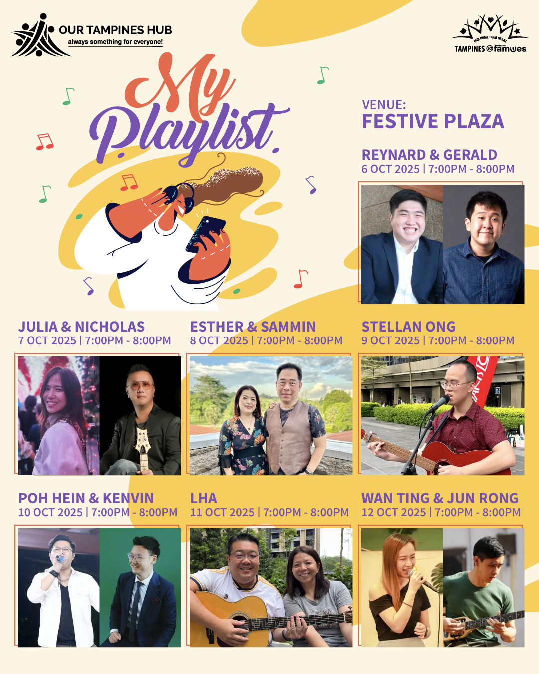 A vibrant image promoting the live music concert at Festive Plaza.