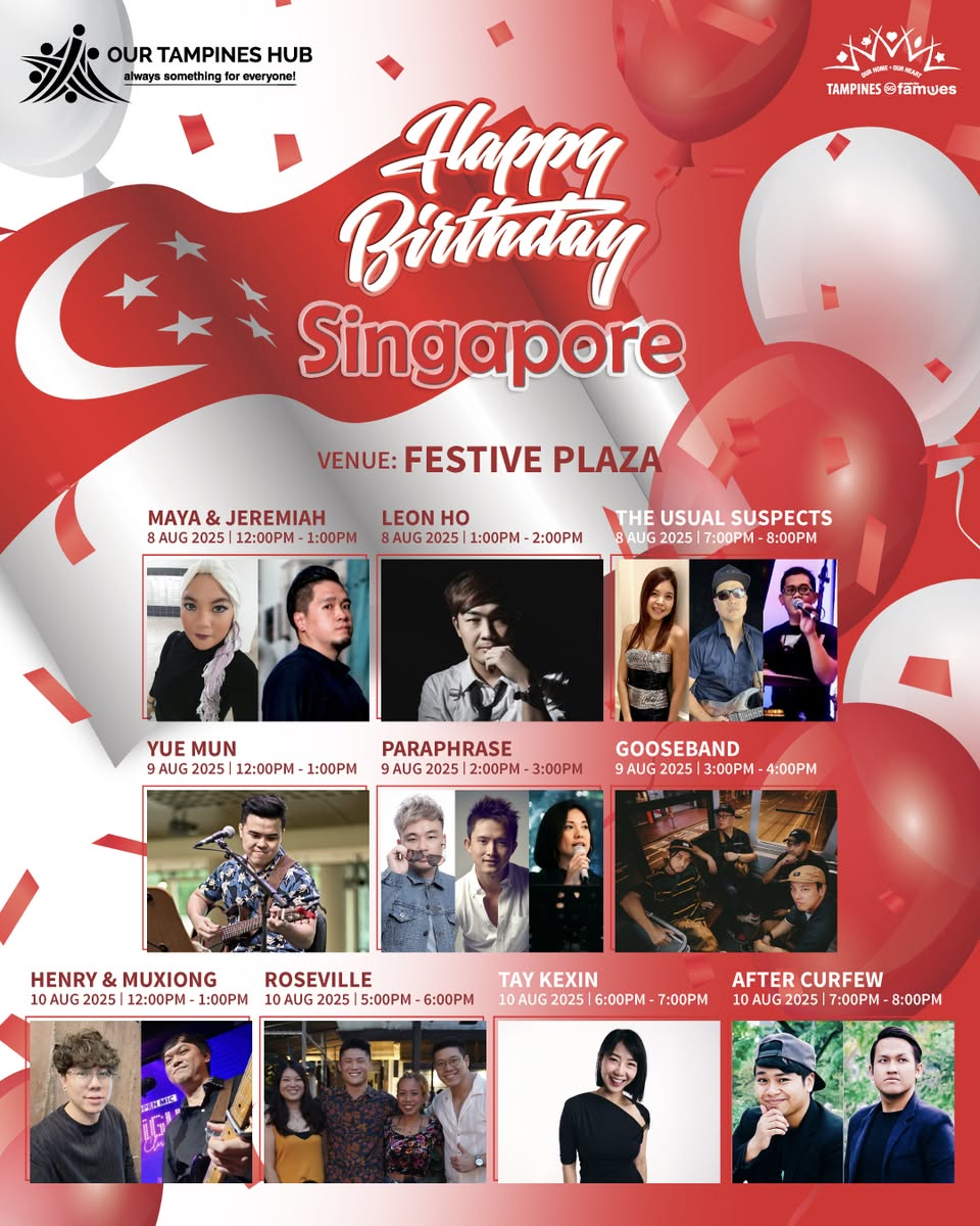 Local artist performing live music at Our Tampines Hub during National Day celebrations.