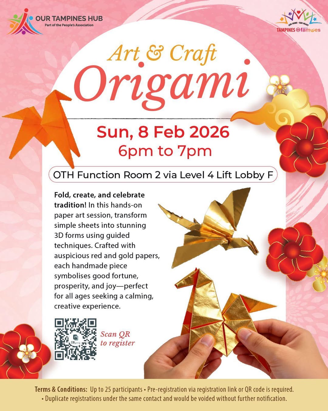 A creative paper art workshop featuring red and gold designs.