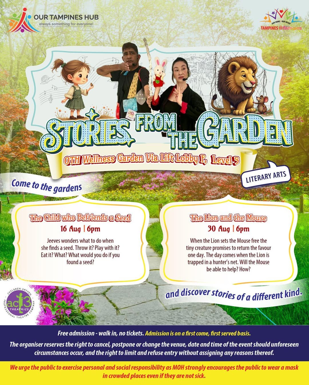 Illustration of a whimsical garden with children and storybook characters, representing the 'Stories From The Garden' event.