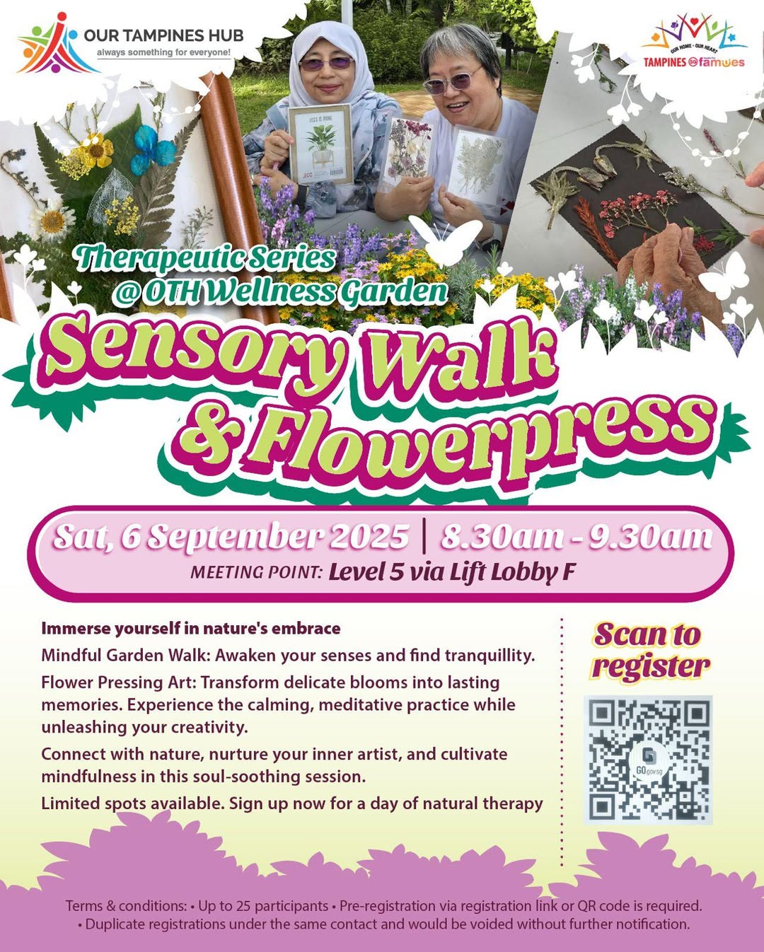 Participants enjoying a sensory walk and flower pressing workshop in a lush garden setting.