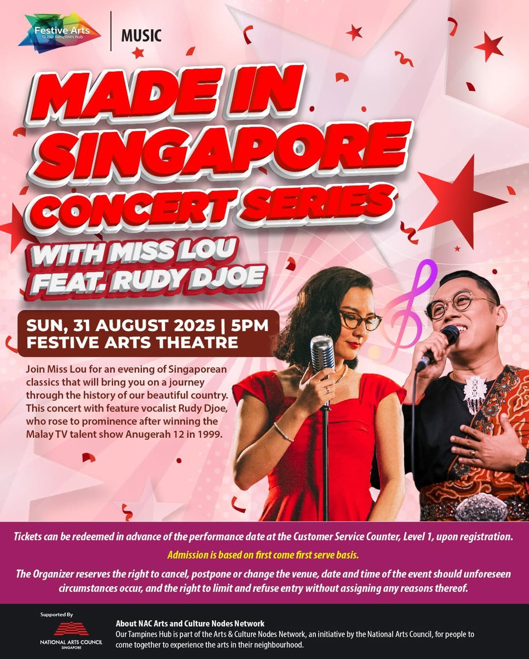 Promotional image for an evening of Singaporean classics concert featuring Miss Lou and Rudy Djoe.